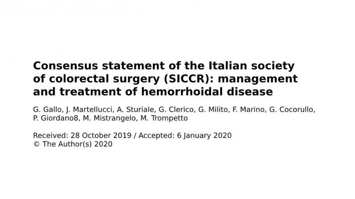 Consensus statement of the Italian society of colorectal surgery (SICCR): management and treatment of hemorrhoidal disease